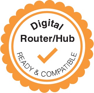Orange button with a tick in the middle, with title "Digital Router/Hub Ready & Compatible"